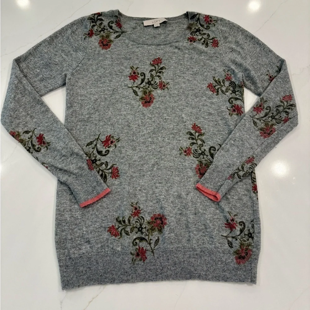 LOFT Floral Wool Blend Crewneck Sweater Gray